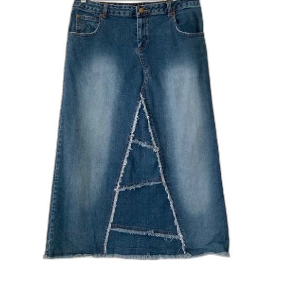 Willi Smith Blue Midi Denim Skirt Frayed Long Modest Jeans Size 10 - Picture 1 of 8